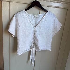 Linen White Button-Down Tie-Front Women's Top